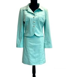 Edward Achour Paris light teal blue mint green lace pearl dress blazer 2 piece